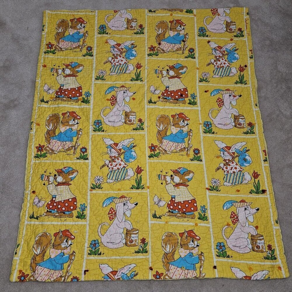 VTG Handmade Yellow Blanket Anthropomorphic Animal Dog Bunny Squirrel 40x48 READ